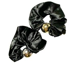 Luxurious Black Satin Hair Scrunchies with Gold Details